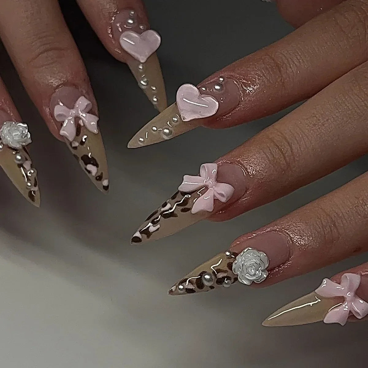 Leopard Bow & Pearl Press-On Nails