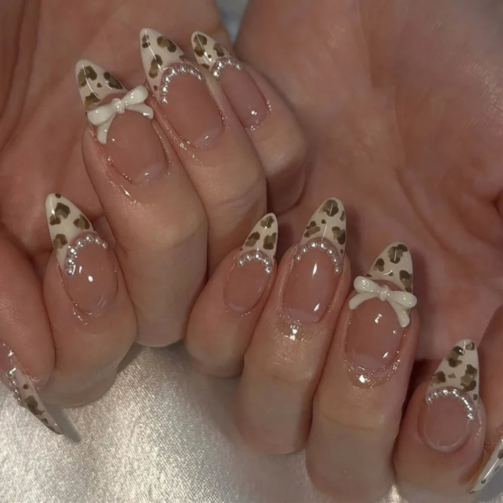 Leopard Bow & Pearl Press-On Nails