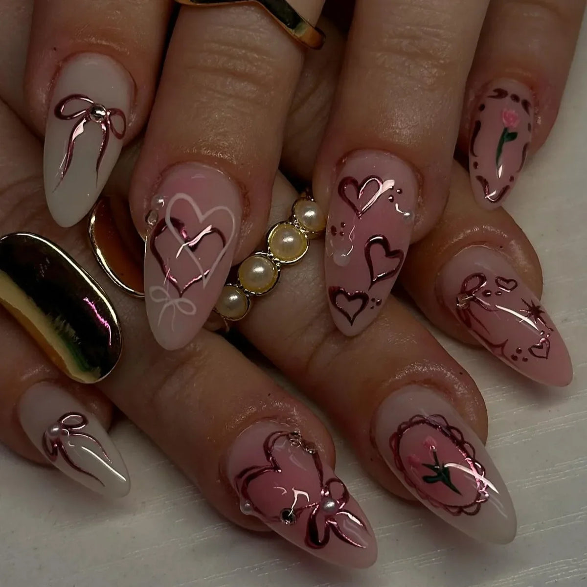 Pink Bow & Pearl Press-On Nails
