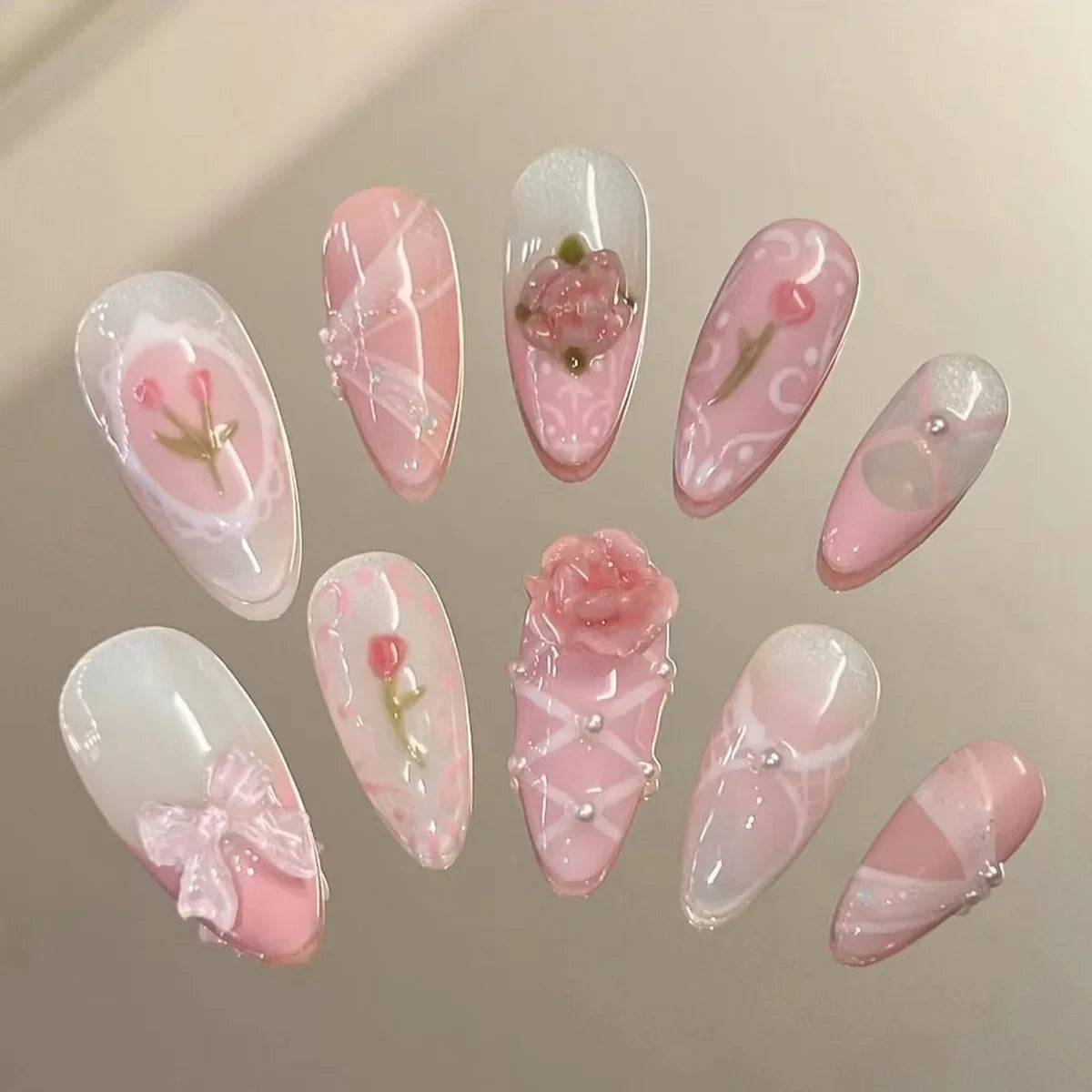 Pink Bow & Pearl Press-On Nails